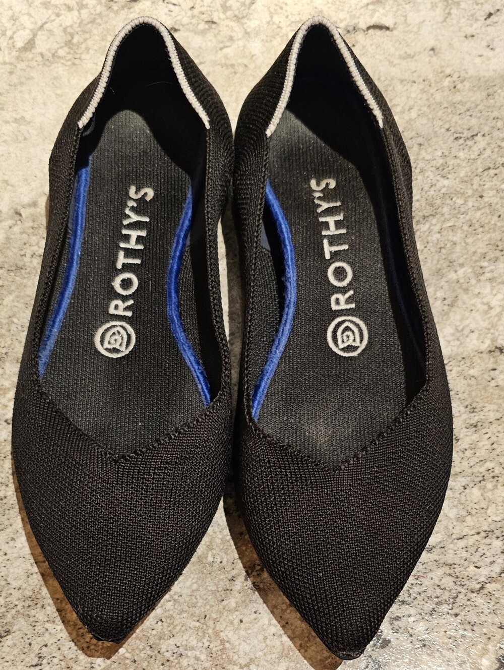 Rothy's Black Pointed Knit Flats with Blue Insole Trim
